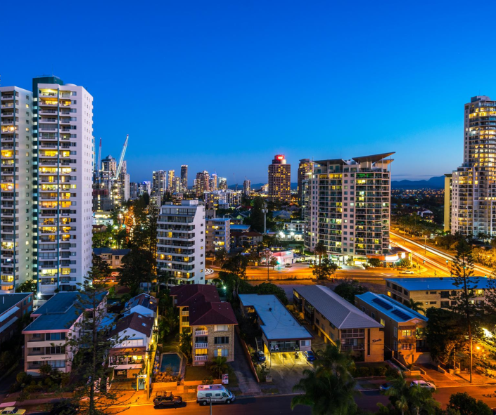 Aerial view of cityscape at night